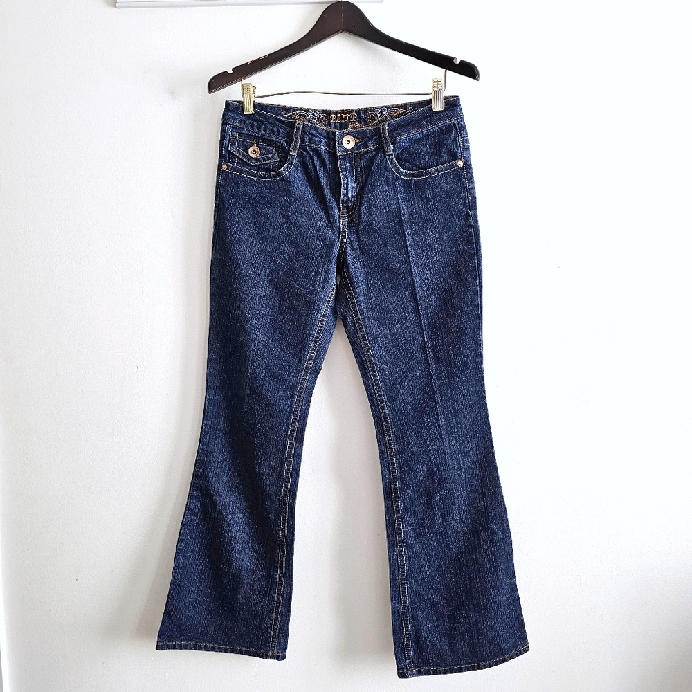 Elite Jeans Y2K Vintage Women's Flared Low Rise Dark Blue Ramie Blend Size 11/12